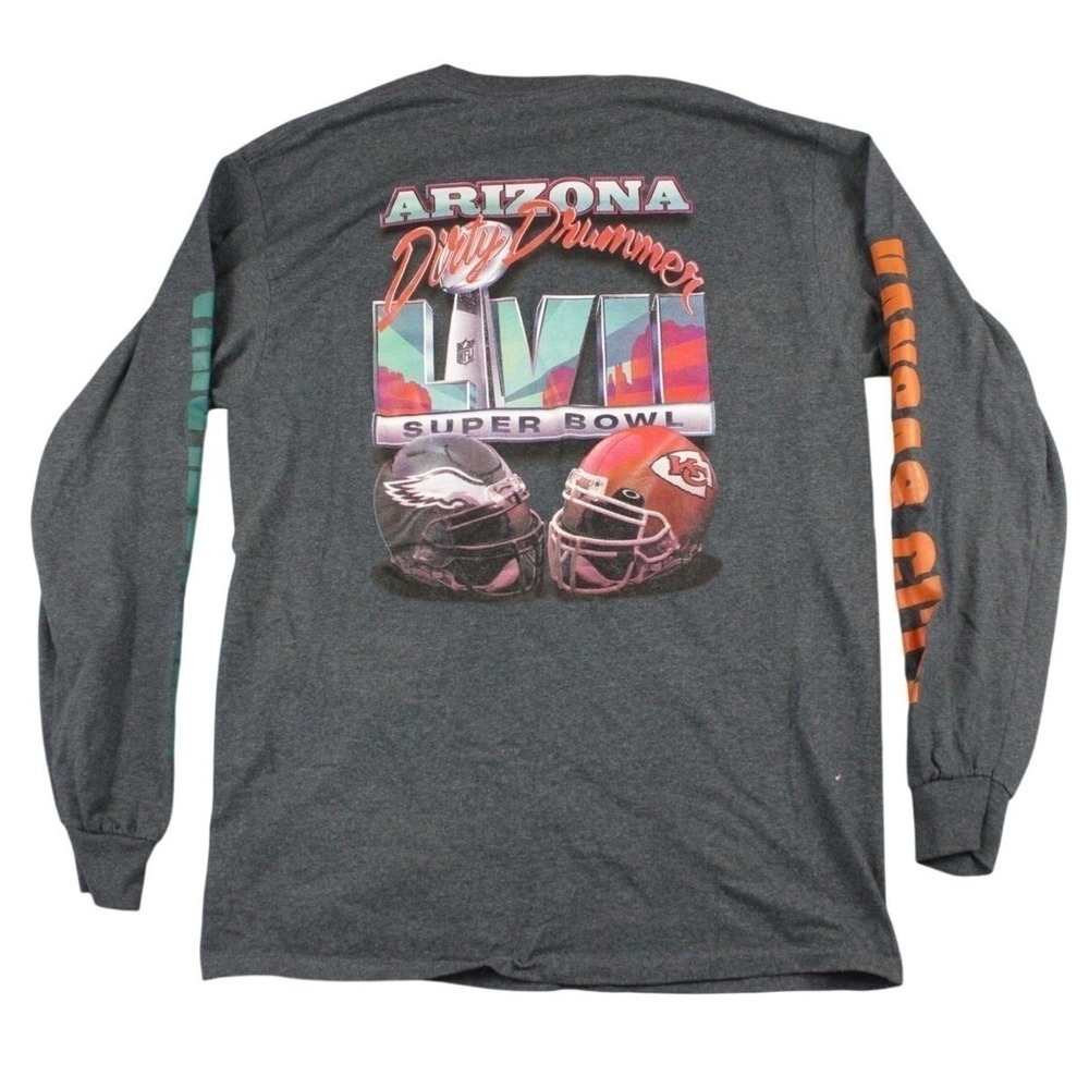 Super Bowl LVII Shirt Mens Medium Gray Long Sleeve Eagles Chiefs Dirty Drummer